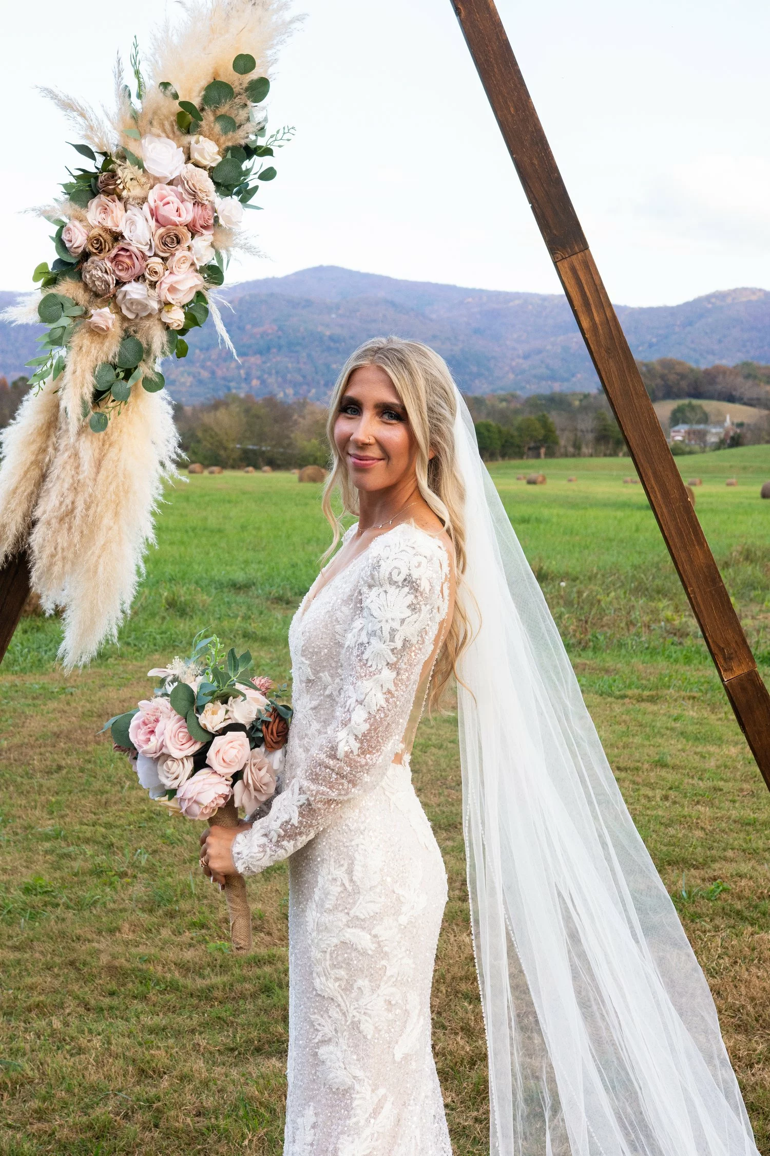 bride at a mountain view wedding