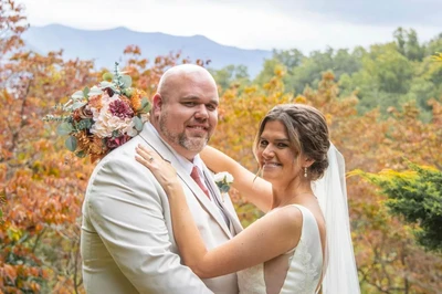 Smoky Mountain wedding couple with fall foliage