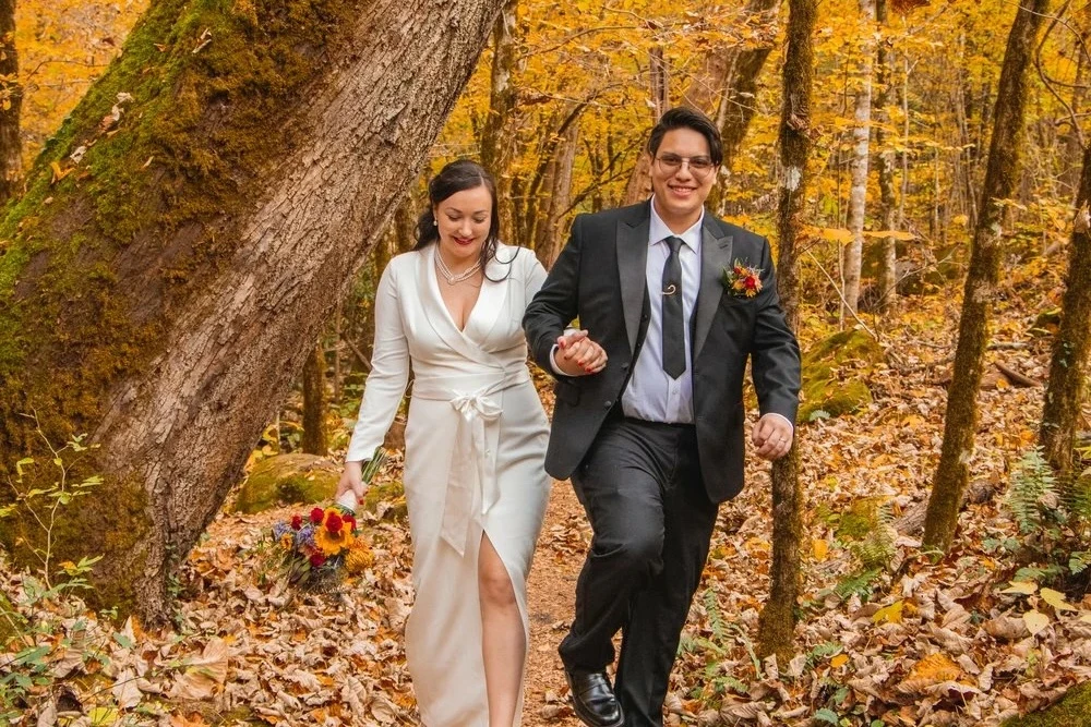bride and groom at fall wedding in the Smokies