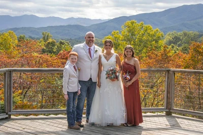 bride, groom and family at fall wedding in the Smokies